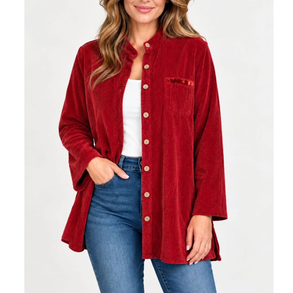 J.Jill Y2K Red Corduroy Shacket M Velvet Trim Boho Lagenlook Shirt Jacket